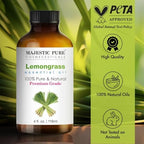 Majestic Pure Essential Oil with Glass Dropper - 100% Pure and Natural - Essential Oils for Diffuser, Aromatherapy, Soap and Candle Making, Lemongrass Essential Oil, Lemongrass Oil, 4 Fl Oz