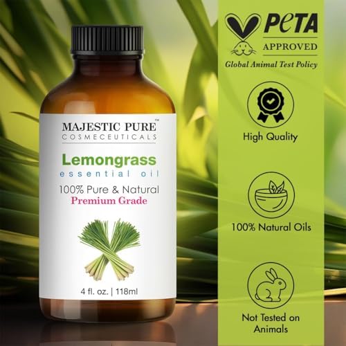 Majestic Pure Essential Oil with Glass Dropper - 100% Pure and Natural - Essential Oils for Diffuser, Aromatherapy, Soap and Candle Making, Lemongrass Essential Oil, Lemongrass Oil, 4 Fl Oz