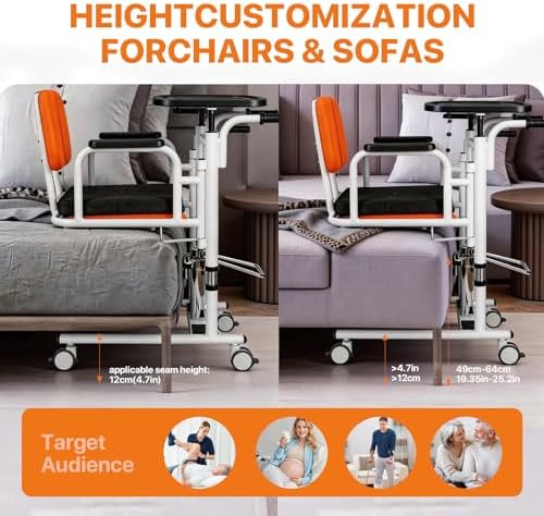 Patient Lift Transfer Chair for Home, 440lbs Capacity,Equipped with a Hydraulic Lift Bar, Commode, and Dining Table，4 in 1 Shower Chair with 180° Split Seat, for Elderly Transfer to Bed/Toilet