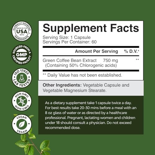 Pure Green Coffee Bean Extract - Super Energizing Green Coffee Extract with 50% Chlorogenic Acid for Antioxidant Healthy Heart Health Mental Focus - Natural Energy Supplement for Adults - 60 Count