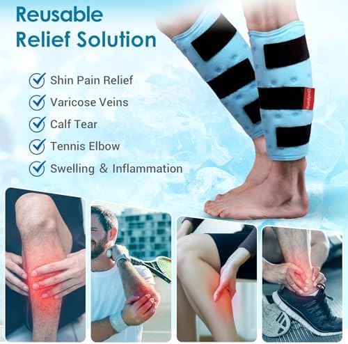 Comfytemp Calf Shin Splint Ice Packs for Injury Reusable, Elbow Gel Pad Wrap, Hot Cold Compression Freeze Sleeve for Swelling, Tendonitis, Knee, Leg, After Surgery, 2 Packs, S - M