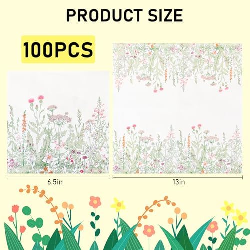 100 Wildflower Luncheon Napkins Floral Paper Hand Towels 6.5 x 6.5 Inch Vintage Botanical Green Leaves Herbs Party Napkins for Spring Summer Birthday Garden Tea Party Supplies