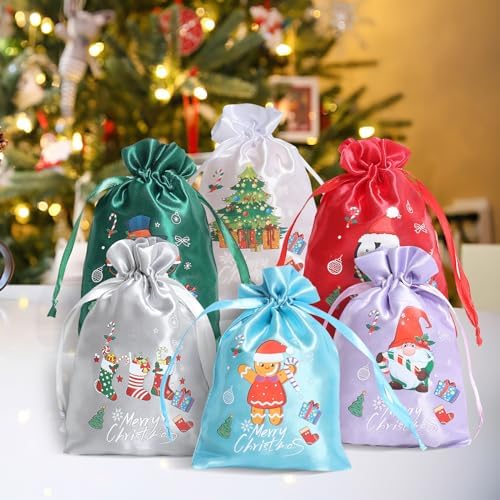 24 Pcs Small Christmas Bags with Drawstring Cute Satin Xmas goodie Bags Bulk for Christmas Advent Calendar Assorted Treat Bags for Winter Holiday Party Favor