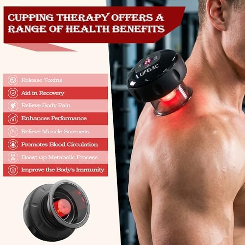 LIFELEC Electric Cupping Therapy Set 2pcs - 6 Cups(Large/Press/Move), 12-Level Heat & Suction, Smart Red Light Therapy - Dual Massagers for Simultaneous Use - for Athletes, Fitness, Pain Relief