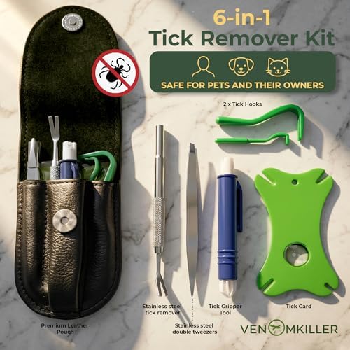 VENOMKILLER 6-in-1 Tick Remover Kit – Tick Removal Tool Set with Stainless Steel Tweezers, Tick Card, Hooks & Leather Case – Tick Remover for Dogs, Cats & Humans