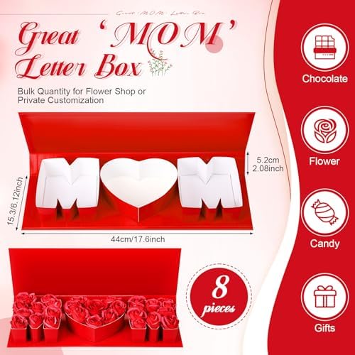 8 Pieces Mother's Day Flower Mom Boxes for Arrangements Empty Mom Letter Shaped Gift Boxes for Floral Treat Chocolate Strawberry Packaging DIY Craft(Red)