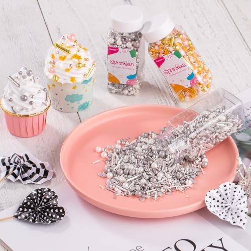 Silver Sprinkles for Cake Decorating, White Silver Sprinkles Mix for Cupcakes Toppers, Ice Cream, Cookie, 3.52oz