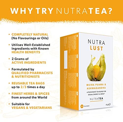 NutraLust - Helping to Improve Passion & Stamina - Containing Ashwagandha, Muira Puama and Ginseng - 20 Enveloped Tea Bags - by NutraTea - Herbal Tea