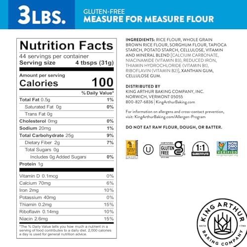 King Arthur Measure for Measure Gluten-Free Flour: All-Purpose 1:1 Substitute for Wheat Flour, Non-GMO, Kosher Certified, 3 lbs Bag for Baking Cookies, Cakes, Muffins