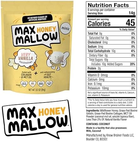 Max Mallow HONEY Mini Marshmallows - Very Vanilla - Gut Friendly, Gluten Free, No Refined Sugars, Real Wildflower Honey, Collagen-Infused Snack (3 Pack, Very Vanilla)