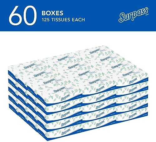 Surpass® Facial Tissues, Bulk (21390), 2-Ply, White, Flat Boxed Format, Ecologo, Designed for Business (125 Tissues/Box, 60 Boxes, 7,500 Sheets/Case)