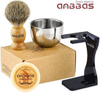 Anbbas Pure Badger Hair Shaving Brush Solid Manchurian Ash Wood Handle,Black Broken-Resistant Acrylic Shaving Stand,Stainless Steel Shaving Bowl Dia 3.2 inch and Goat Milk Soap 100g 4IN1 Set for Men