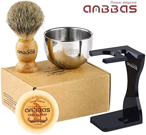 Anbbas Pure Badger Hair Shaving Brush Solid Manchurian Ash Wood Handle,Black Broken-Resistant Acrylic Shaving Stand,Stainless Steel Shaving Bowl Dia 3.2 inch and Goat Milk Soap 100g 4IN1 Set for Men