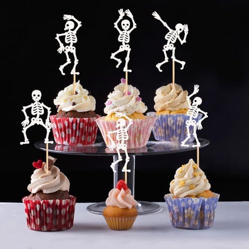 25Pcs Glitter Black Skeleton Cupcake Toppers Dancing Skeleton Cupcake Picks for Halloween Party Decorations Halloween Boys Girls Goth Birthday Goth Bridal Shower Wedding Cake Cupcake Decorations