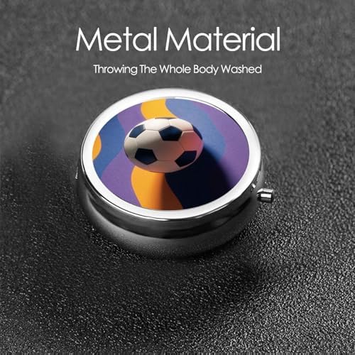 Soccer Ball On Color Wave Round Pill Case, Portable Pill Box for Pocket Metal Medicine Vitamin Organizer 3 Compartment Three Times A Day