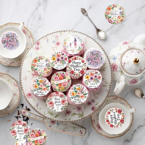 36pcs Edible Floral Happy Mother's Day Cupcake Toppers Wafer Paper Love Mom Cupcake Picks Edible Flower Mother’s Day Cake Toppers for Best Mom Mother's Day Theme Party Supplies