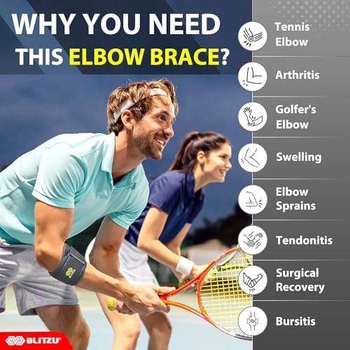 BLITZU Elbow Brace for Tennis & Golfer's Elbow. Adjustable Elbow Strap for Tendonitis Pain Relief with Compression Pad. Counterforce Band Support for Sports Men and Women.
