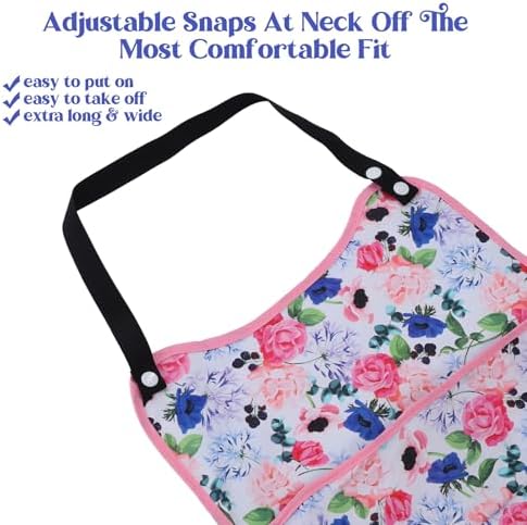 Adult Bibs for Women, Flower Pattern Adult Bibs for Seniors with Top Pocket Crumb Catcher, Waterproof Reusable Bib for Eating, Clothing Protector(Pink)
