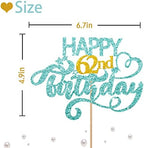 Sky Blue Glitter Happy 62nd Birthday Cake Topper, 1 x 6.3" x 3.5" Sixty Two Years Old Birthday Party Cake Decor