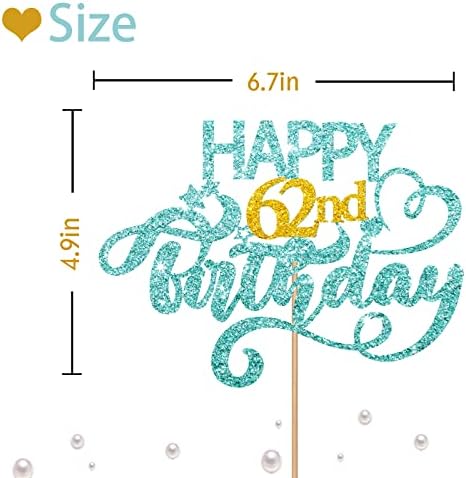 Sky Blue Glitter Happy 62nd Birthday Cake Topper, 1 x 6.3" x 3.5" Sixty Two Years Old Birthday Party Cake Decor