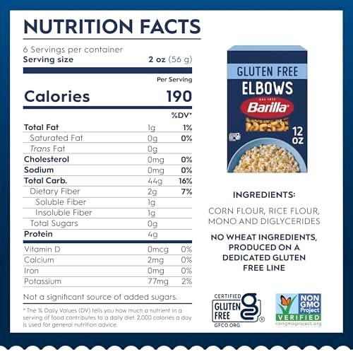 BARILLA Gluten Free Elbows Pasta, 12 Ounce (Pack of 8) - Non-GMO Gluten Free Pasta Made with Blend of Corn & Rice - Vegan Pasta