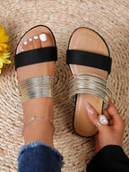Sksshion Women's Metallic Strappy Flat Sandals Summer Slide Sandals Casual Shoes
