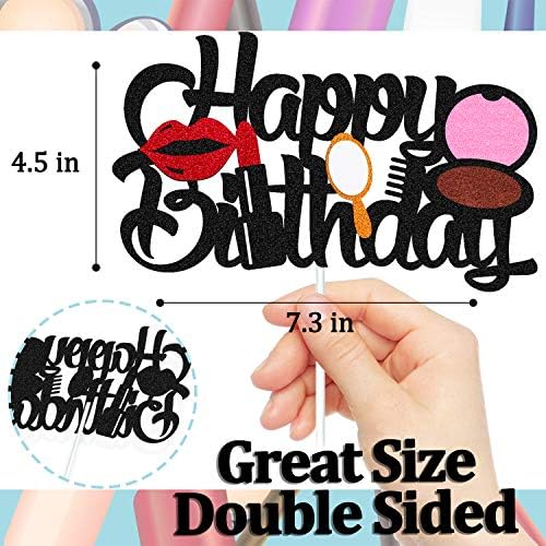 Makeup Cake Topper Happy Birthday Sign Cake Decorations for Girl Women Female Makeup Spa Themed Birthday Party Supplies Black Glitter Decor