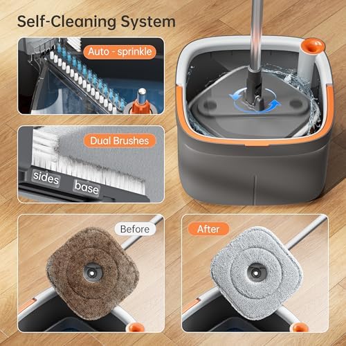 KZKR Spin Mop and Bucket Set with 2 Replaceable Microfiber Mop Pads with Self Separation Dirty and Clean Water System, Self Wringing 360° Rotating Square Mop Head for Hardwood Tile Marble Floors