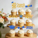 Graduation Cupcake Toppers 2026,48Pcs Blue Gold Graduation Cake Toppers,Congrats Grad Cake Decorations Class of 2026 Cupcake Toppers,Blue Grad Cupcake Toppers for Graduation Party Decorations
