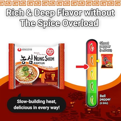 Nongshim Ramyun Noodles, Rich Spicy Vegetable Broth, Korean Classic Recipe, Deeply Simmered, Quick & Easy, Pantry Staples, 4.37 oz (Pack of 4) | Korean Instant Ramen, Vegetable Broth, Quick & Easy Meal