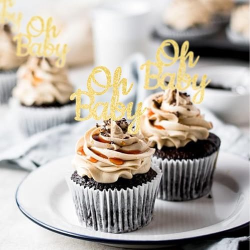 12PCS Gold Glitter "Oh Baby" Cupcake Toppers Elegant Cake Decoration for Baby Showers Party Decor for Gender Reveal & Celebrations