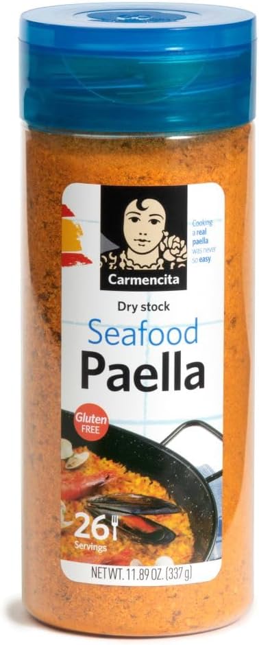 Carmencita. Seafood Paella. Dehydrated Broth with Saffron. Restaurant size. 337g (11.89oz).
