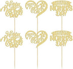 24Pcs Happy Mother's Day Cupcake Toppers with Glitter Heart Love Flower Mother Best Mom Cupcake Picks for Happy Mother's Day Theme Women Birthday Party Cake Decorations Supplies Gold
