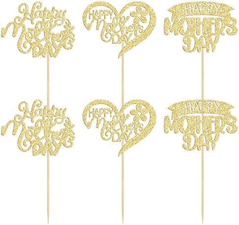 24Pcs Happy Mother's Day Cupcake Toppers with Glitter Heart Love Flower Mother Best Mom Cupcake Picks for Happy Mother's Day Theme Women Birthday Party Cake Decorations Supplies Gold