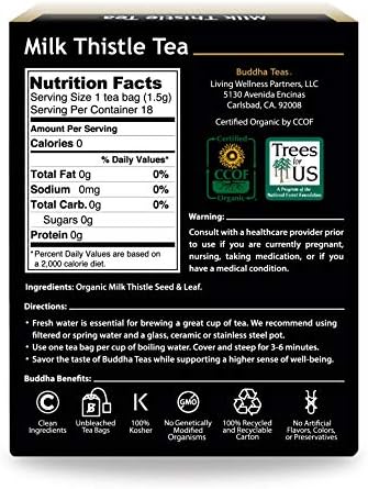 Buddha Teas - Organic Milk Thistle Tea - Herbal Tea - Single Ingredient - Mild, Earthy, Nutty Taste - Enjoy Hot or Cold - Caffeine Free - 100% Kosher & Non-GMO - 18 Tea Bags (Pack of 1)