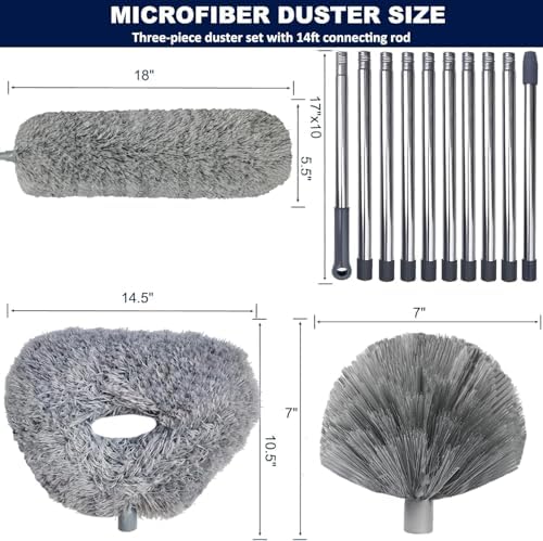 20+ Ft High Reach Ceiling Fan Duster & Cobweb & Corner Brush Duster with 3-14 ft Spliceable Pole Microfiber Feather Duster for Spider Web, High Ceiling, Blinds, Furniture Cleaning Tool Kit