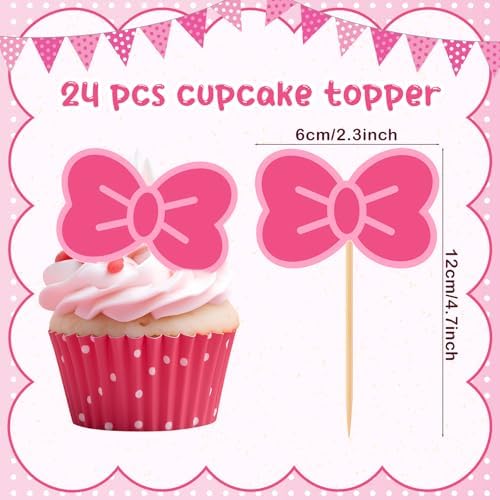 24 Pcs Pink Cat Cupcake Toppers Bow Cake Toppers Cute Kawaii Cake Decorations Kitty Birthday Party Decorations for Girls Kitten Anime Theme Party(Classic Pink)