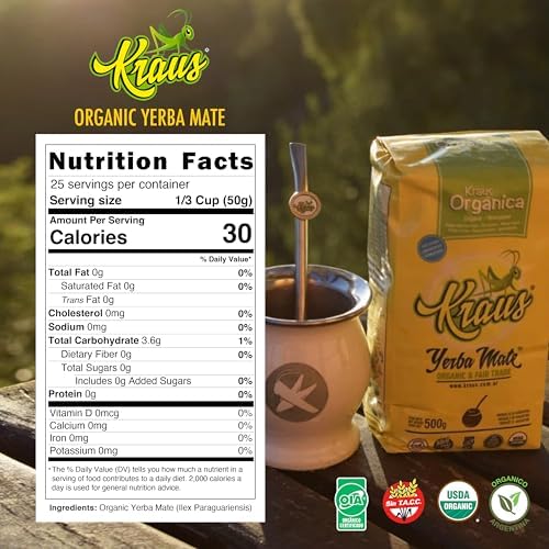 Kraus Organic Yerba Mate – Certified Organic, Gluten-Free & Kosher – Fair Trade Argentine Herbal Tea | Unsmoked & Air Dried | 500g (1.1 lb)