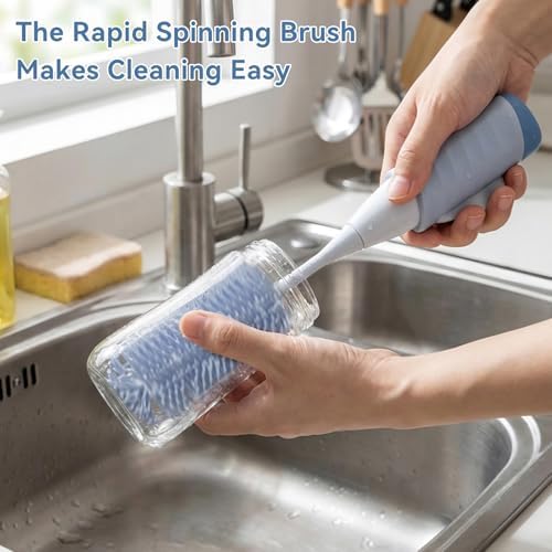 Baby Bottle Brush Set, Innovative Efficient Press-to-Spin Brush Cleaner - Includes Silicone Bottle Brush, Nipple Brush, Straw Cleaner - Spinning Generates Rich Foam for Deep Cleaning, Blue