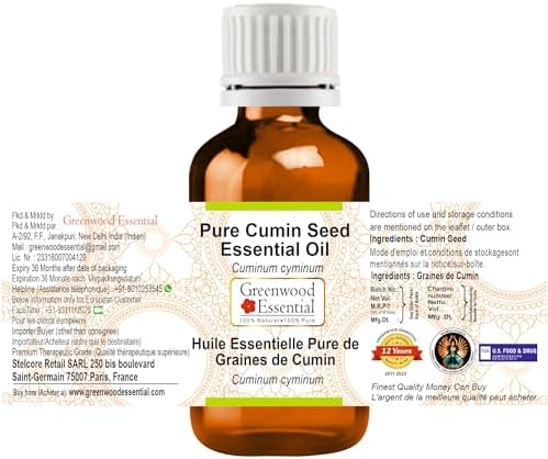 Greenwood Essential Cumin Seed (Jeera) Essential Oil (Cuminum cyminum) Pure | Non-Sticky | Non-Greasy | Lightweight | Men & Women | All Skin Types | Steam Distilled 30ml (1 oz)