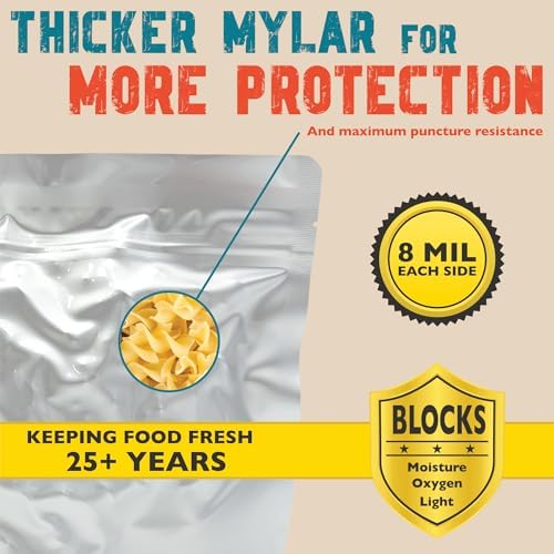 2 Quart Mylar Bags, 16 Mil Total Thickness, Stand-Up Vacuum Seal Bag for Long-Term Food Storage, Dehydrated Meals [50-Pack | 8" x 12" x 4"]