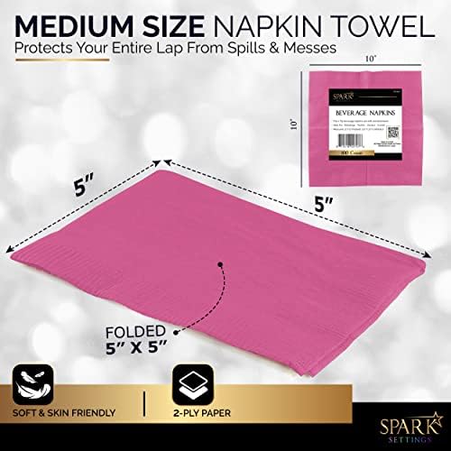 100 Pack Pink Beverage Napkins, Big Party Pack, 2 Ply, Ideal for Wedding, Party, Birthday, Dinner, Lunch, Cocktails. (5” x 5”) by Amcrate