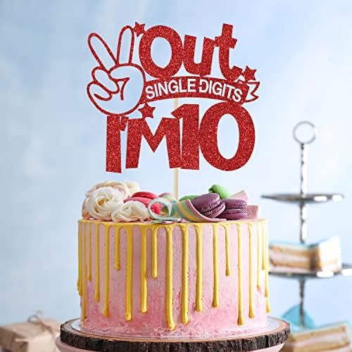 Out Single Digits I'm 10 Cake Topper, Double Digits 10, for Boys Girls 10th Birthday Decorations, Happy 10th Bithday Decorations Red Glitter