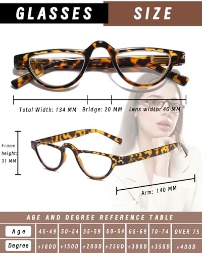 Hubeye 3 Pairs Plastic Retro Half Moon Frame Reading Glasses Lightweight Spring Hinge Women and Men Reader Broken flower/leopard print/white tortoiseshell +1.5
