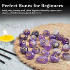 Crocon Amethyst Gemstone Rune Stones Set with Elder Futhark Alphabet Engraved Symbol 25 pcs Set for Feng Shui Chakra Balancing Reiki Healing Crystal Runes Stones Set Size: 15-20 mm