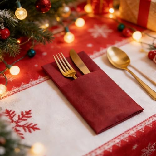 50 pack Premium Burgundy Airlaid Paper Napkins with Built-in Cutlery Pocket - Soft, Linen-Feel, Cloth-Like Disposable Dinner Napkins Hand Towels for Weddings, Parties, and Fine Dining