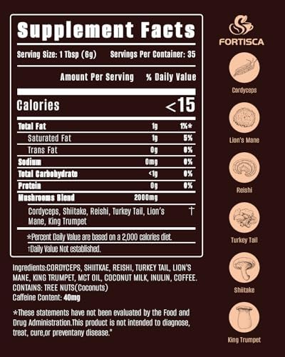 FORTISCA Mushroom Coffee, 6-in-1 Instant Mushroom Coffee Blend with Cordyceps, Reishi, Lion’s Mane, Turkey Tail, Shiitake & King Trumpet, Smooth Low-Acid Coffee for Balanced Energy & Focus, 210g