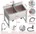 35" Stainless Steel Commercial Sink 2 Bowl Freestanding Kitchen Sink with Pull-out Faucet, Large Utility Sink for Kitchen, Dishwashing, Thawing, Laundry Room, Garage, Outdoor, Total Capacity 36 Gallon