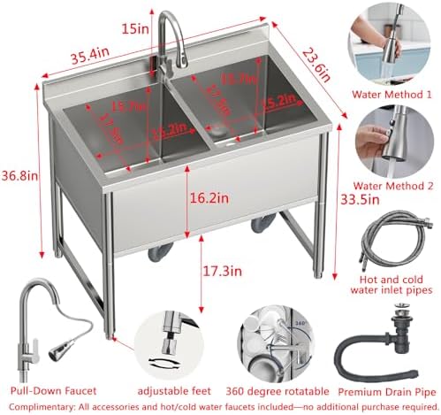 35" Stainless Steel Commercial Sink 2 Bowl Freestanding Kitchen Sink with Pull-out Faucet, Large Utility Sink for Kitchen, Dishwashing, Thawing, Laundry Room, Garage, Outdoor, Total Capacity 36 Gallon