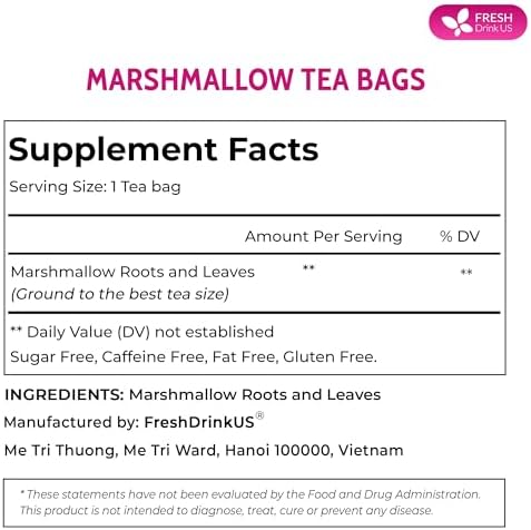 FreshDrinkUS, Premium 55 Marshmallow Root and Leaf Tea Bags, 100% Natural & Pure. Loose Leaf Marshmallow Herbal Tea. Made with Eco-Conscious Tea Bags. No Sugar, No Caffeine, No Gluten, Vegan.
